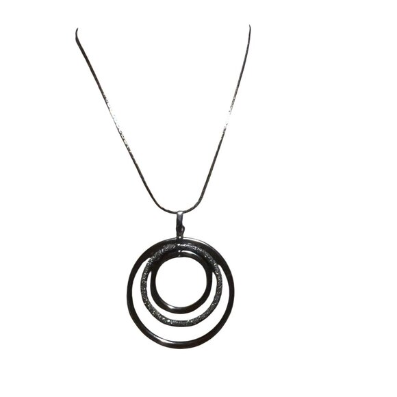 Gunmetal Triple Circle Pendant Necklace Graduated Center Glitter Adj 15-18" - Picture 1 of 4